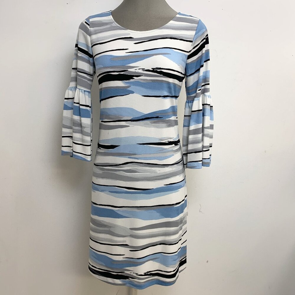 Calvin Klein NWT Elegant LAKE BLUE Bell Sleeves Printed A line Dress Size Medium